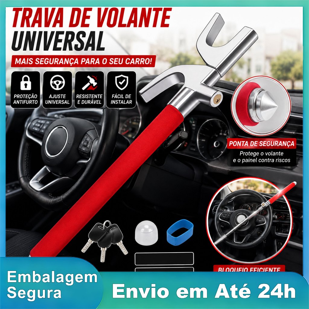 Trava Bloqueador Volante Universal Antifurto Aço Reforçado para Carro