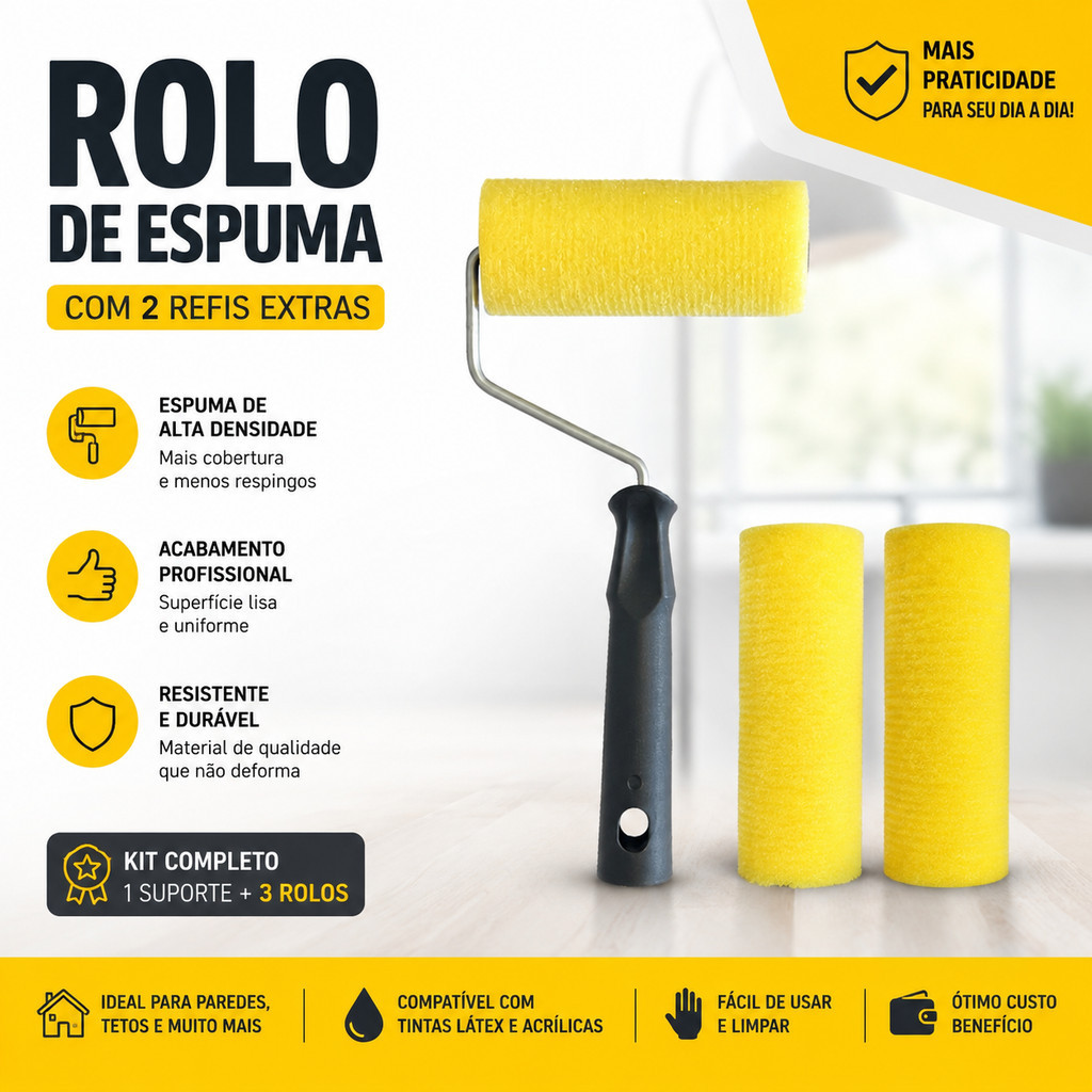 Rolo de Pintura 10cm com Espuma e 2 Refis para Acabamento.