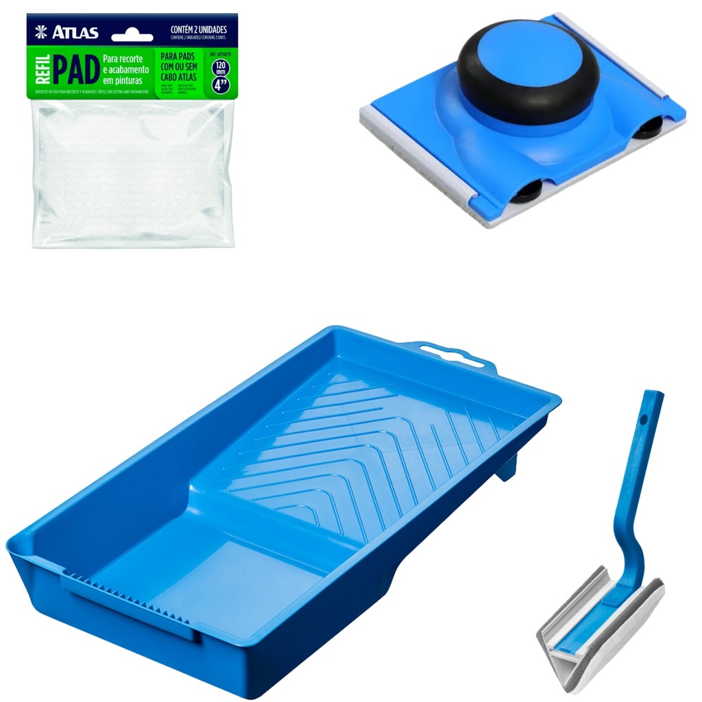 Kit Pintura Pad Flocado com Bandeja Pequena 250ml mais Pad 90 Graus para Cantos e Refil de Pad para Acabamento