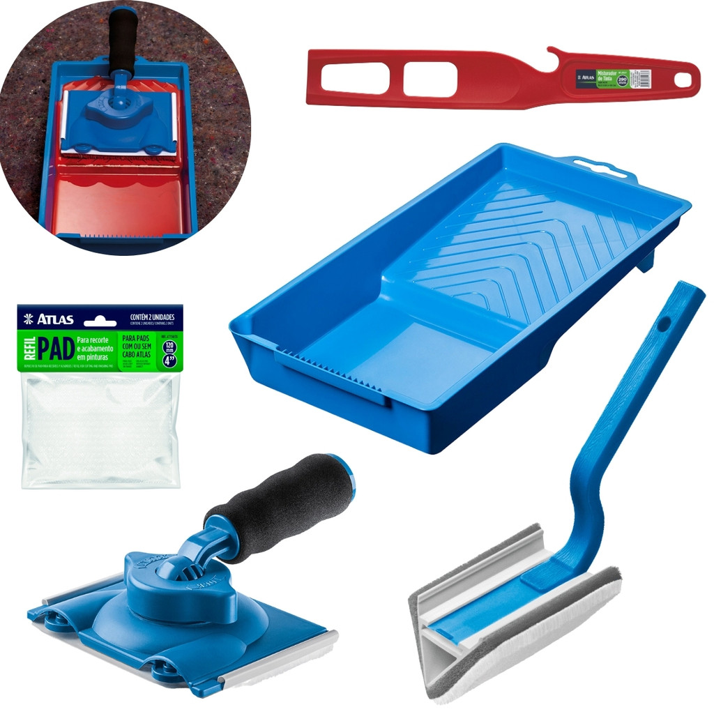 Kit Pad Pintura Acabamento Recorte Cantos em Parede com Refil Pad 90 Bandeja 250ml e Misturador Plástico Casa