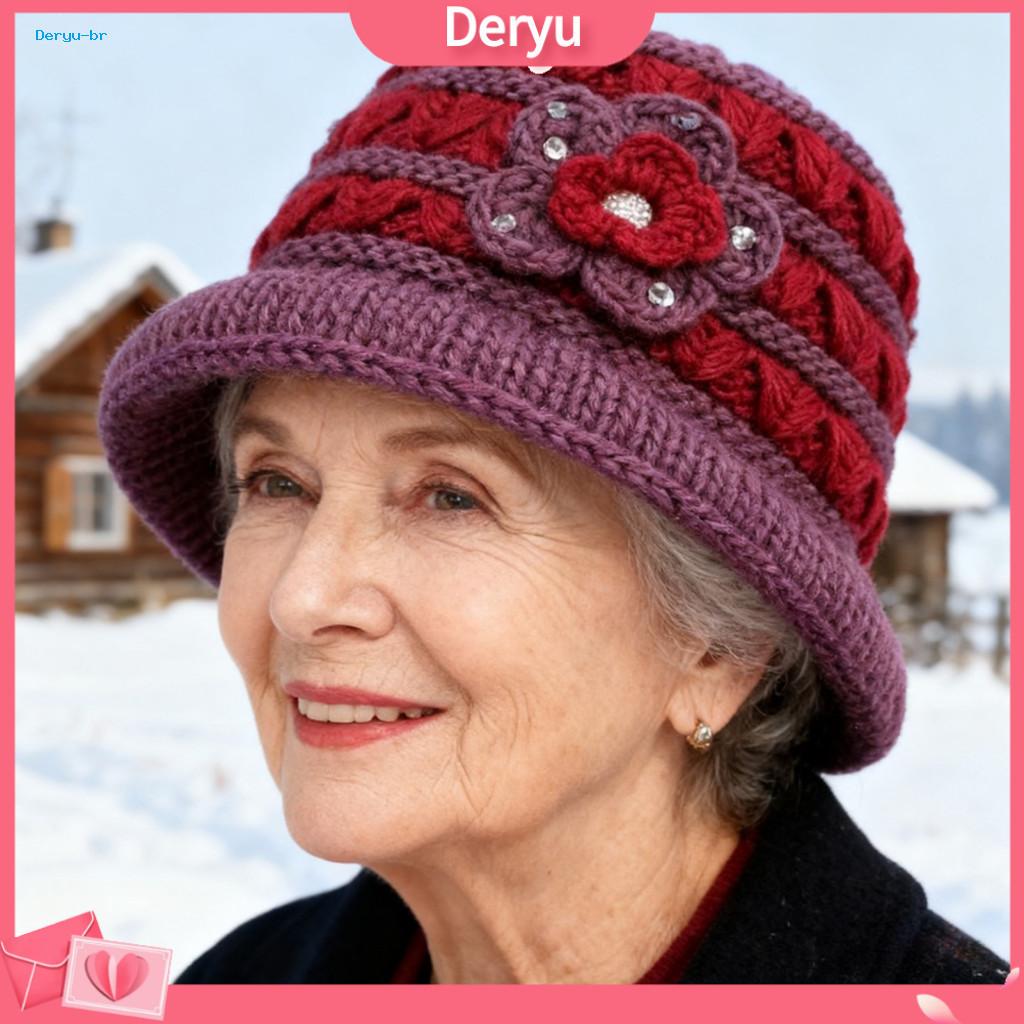 Floral Pattern Hat Winter Basin for Women – Velvet Knitted Thermal Insulation Cap Soft Warm Headwear for Middle-aged E