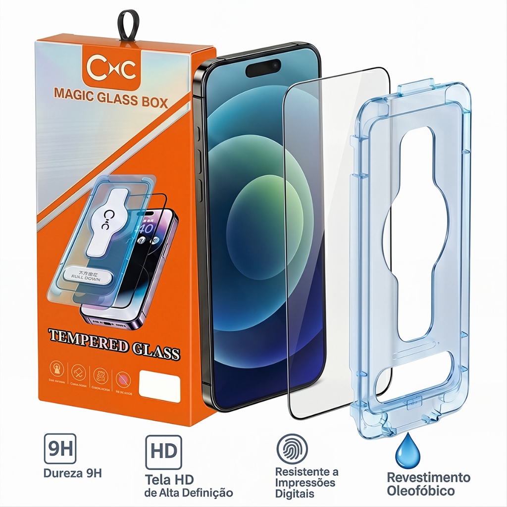Película Premium Magic Box Full Cover Brilho HD 9H Para iPhone Com Aplicador 17 16 15 14 13 12 11 XR XS PRO MAX