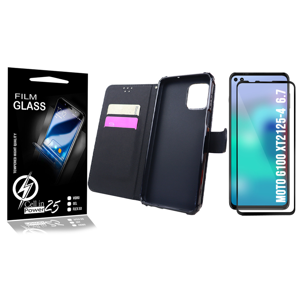 Capa Capinha Case Flip Carteira + Pelicula de vidro FULL 3D Motorola Moto G100 XT2125 tela 6.7 pol.