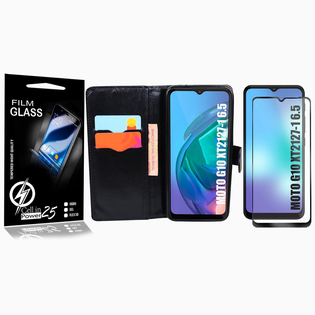 Capa Capinha Case Flip Carteira + Pelicula de vidro FULL 3D  Moto G10 Xt2127-1 (Tela 6.5)