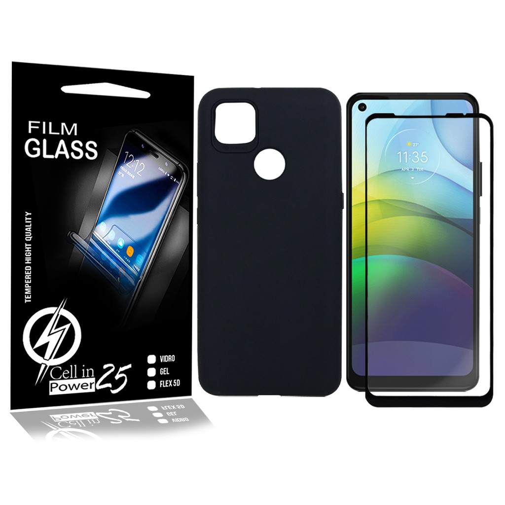 Capa Capinha Case Emborrachada Carbon Preta + Pelicula de vidro FULL 3D Moto G9 Power XT2091-4 (Tela 6.5)