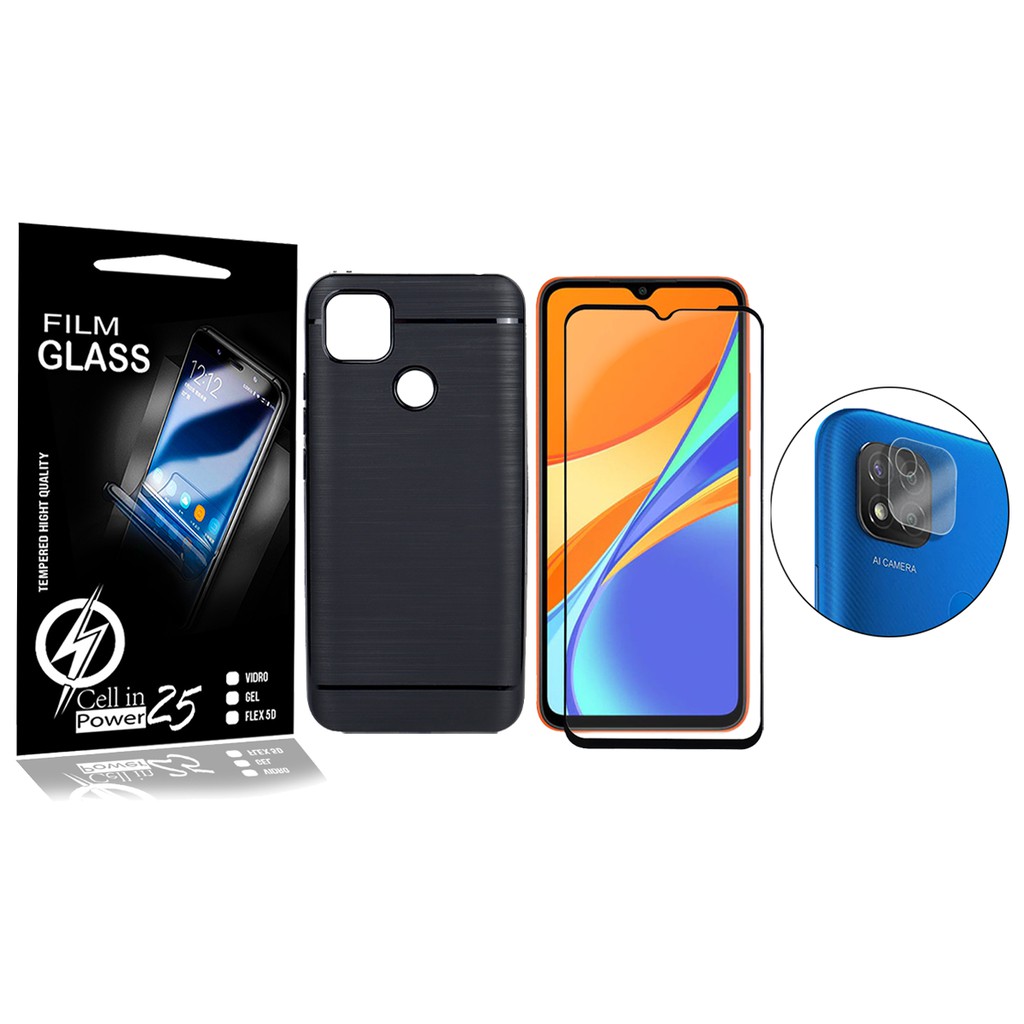 Capa Capinha Case Emborrachada Carbon Preta + Vidro Full 3D + Pelic De Camera Xiaomi Redmi 9C (Tela 6.53)
