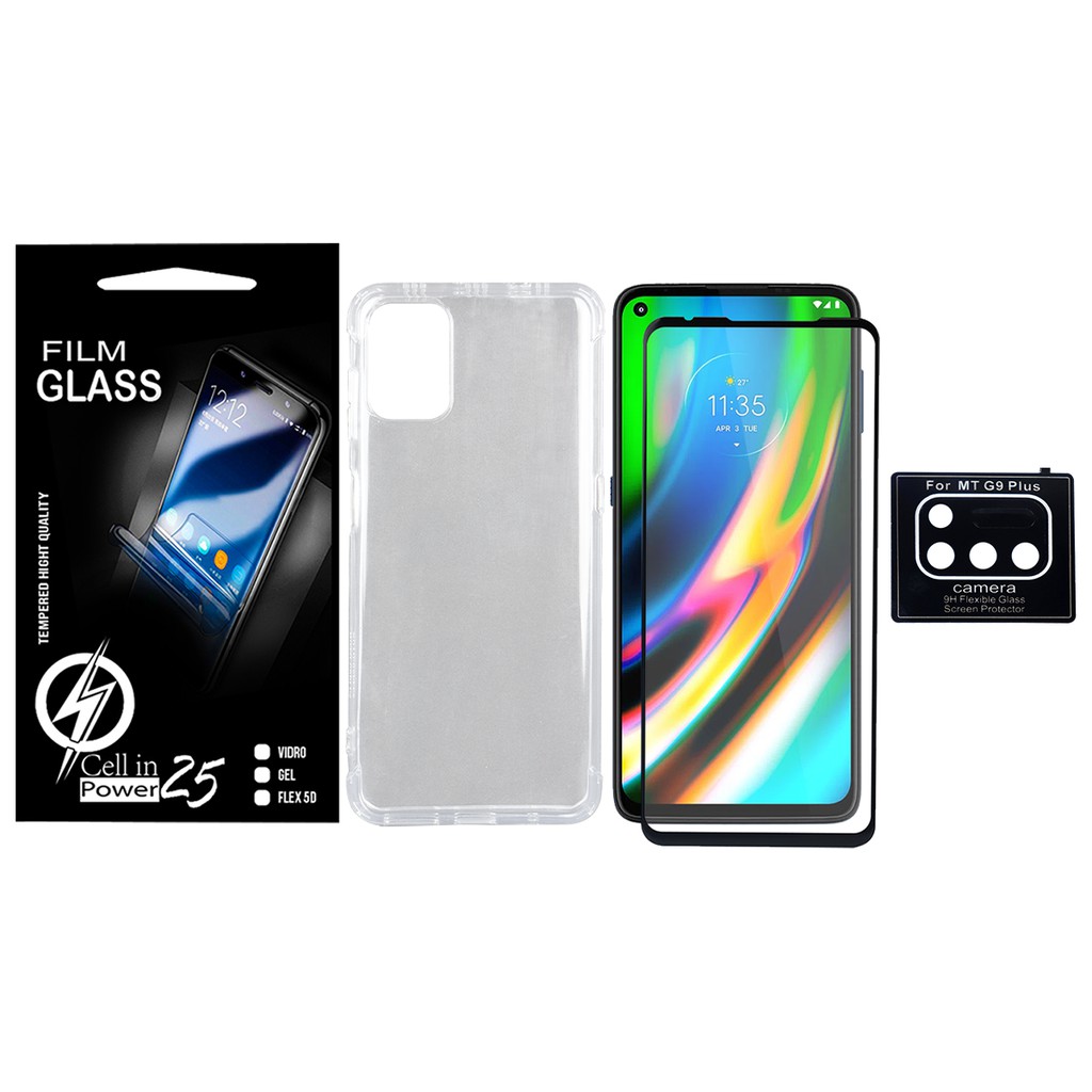 Capa Capinha Case Anti impacto transparente Reforçada + Vidro Full 3D Preto + Pelic De Camera Moto G9 Plus XT2087-1 (Tela 6.8)