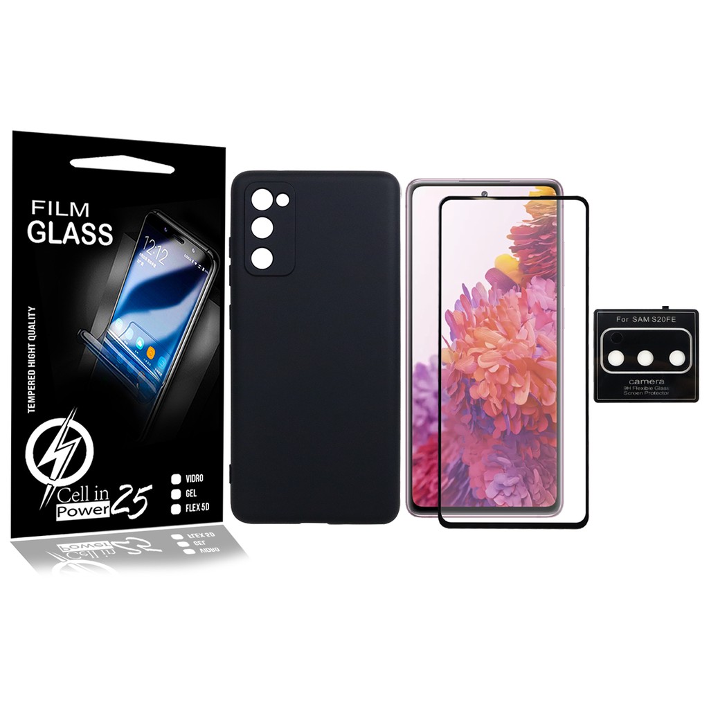 Capa Capinha Case Aveludada Preta + Vidro Full 3D + Pelic De Camera S20 Fe G780 (Tela 6.5)