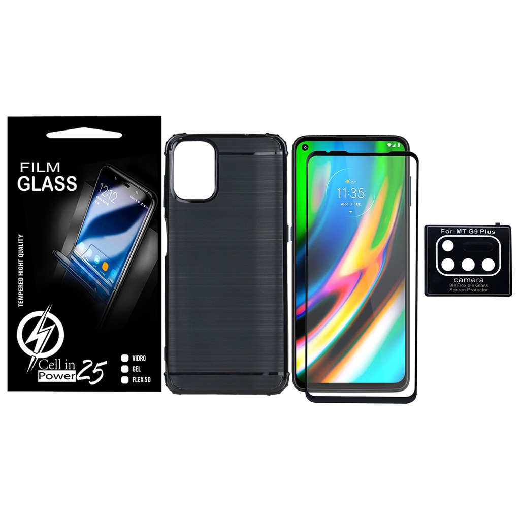 Capa Capinha Case Emborrachada Carbon Preta + Vidro Full 3D + Pelic De Camera Moto G9 Plus XT2087-1 (Tela 6.8)