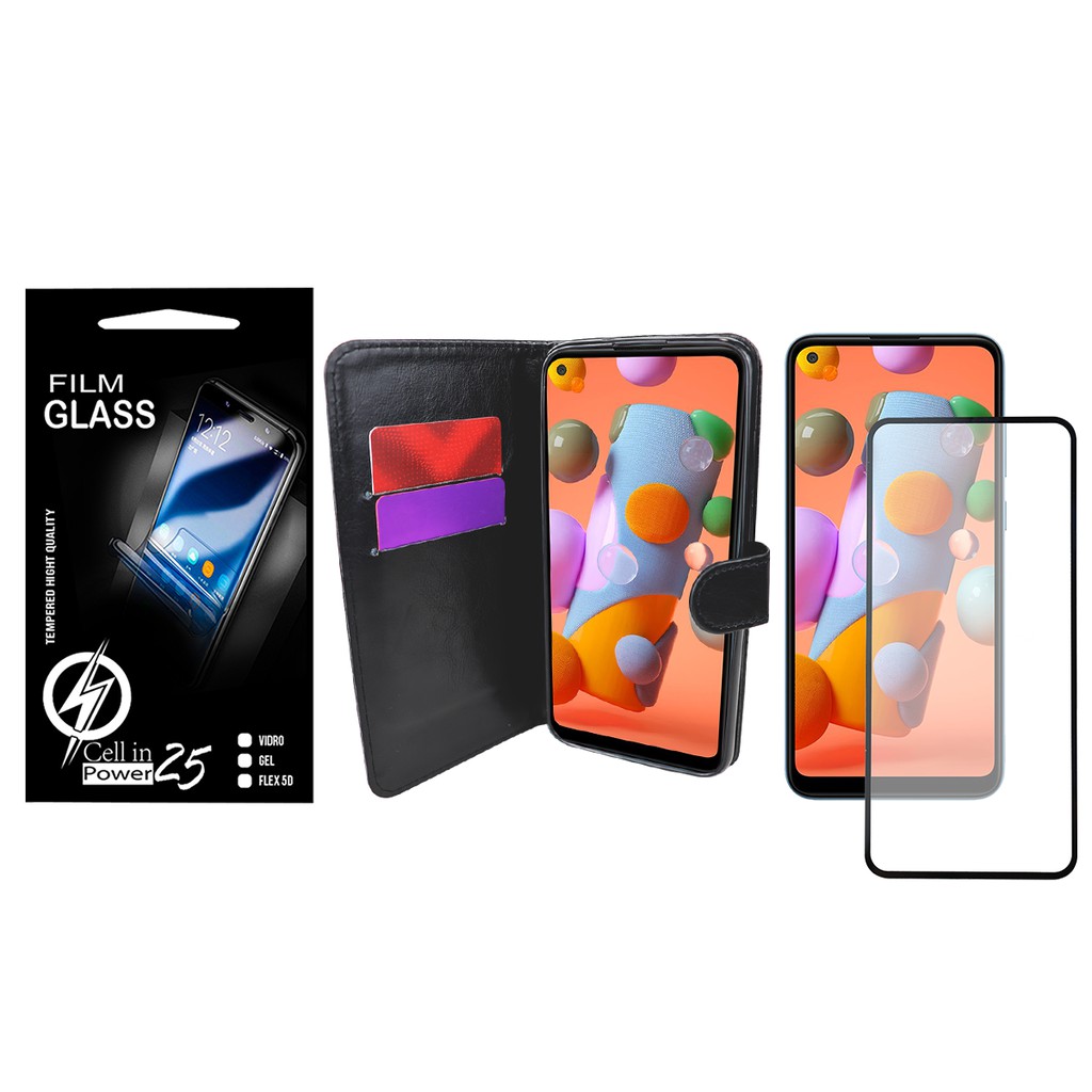 Capa Capinha Case Flip Carteira + Pelicula de vidro FULL 3D  Samsung Galaxy A11 a115 (Tela 6.4)