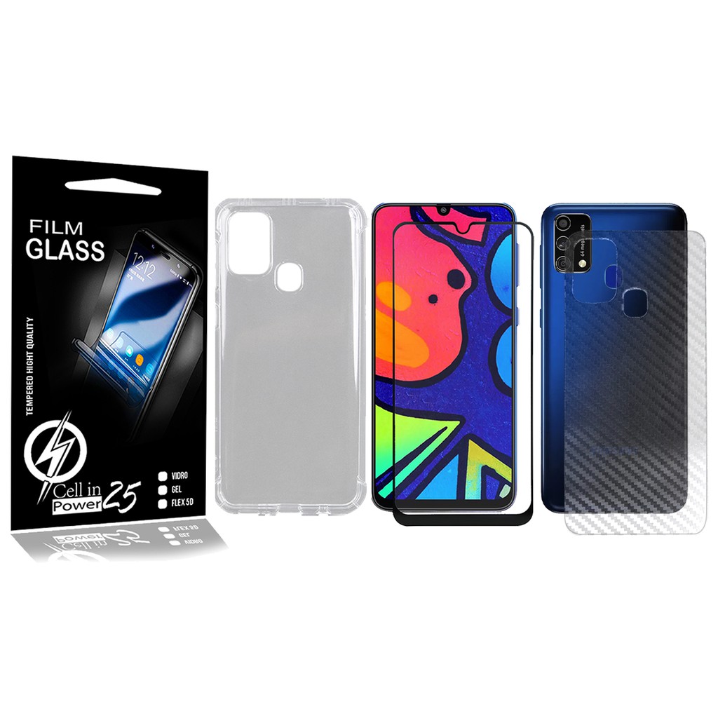 Capa Capinha Case Anti impacto transparente Reforçada + VIDRO FULL 3D + Skin Fibra de Carbono Galaxy M21 E M21S  (Tela 6
