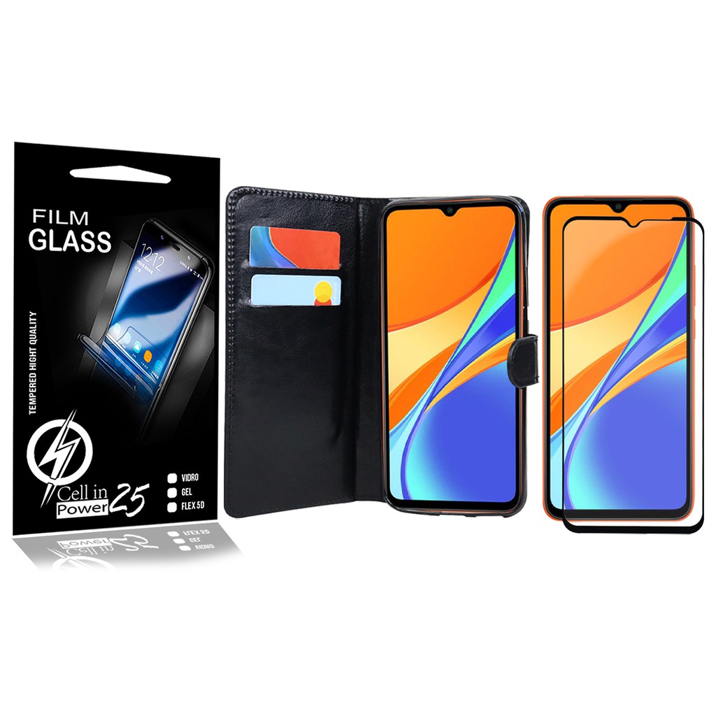 Capa Capinha Case Flip Carteira + Pelicula de vidro FULL 3D  Xiaomi Redmi 9C (Tela 6.53)