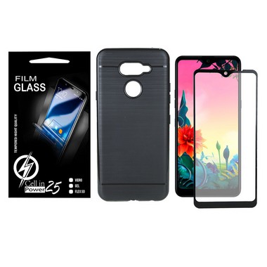 Capa Capinha Case Emborrachada Carbon Preta + Pelicula de vidro FULL 3D Lg k50s lmx540bmw (Tela 6.5)