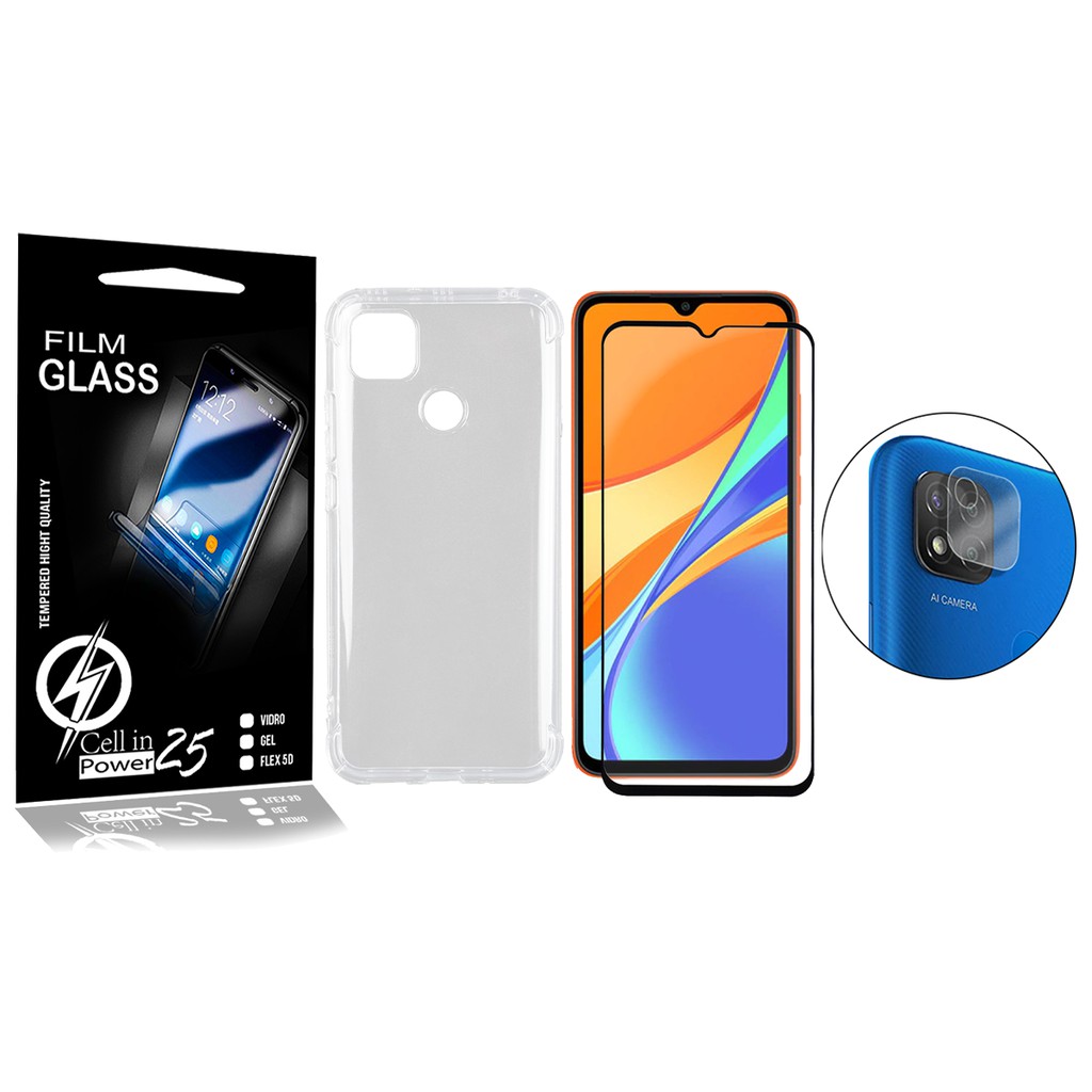 Capa Capinha Case Anti impacto transparente Reforçada + Vidro Full 3D Preto + Pelic De Camera Xiaomi Redmi 9C (Tela 6.53)