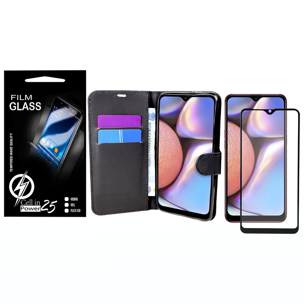 Capa Capinha Case Flip Carteira + Pelicula de vidro FULL 3D  Samsung Galaxy A10s (Tela 6.2)