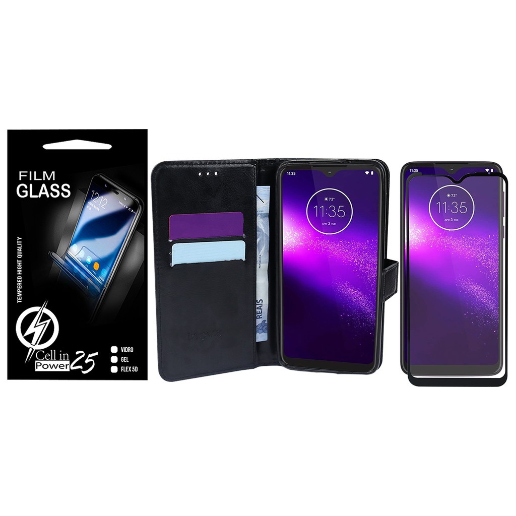 Capa Capinha Case Flip Carteira + Pelicula de vidro FULL 3D  Motorola One Macro XT2016-2 (Tela 6.2)