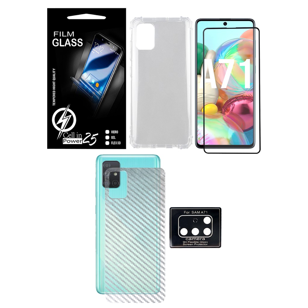 Capa Capinha Anti impacto transparente Reforçada + Vidro Full 3D Preta + Pelic Camera + Skin Fibra carbono Galaxy A71 A715 (Tela 6.7)