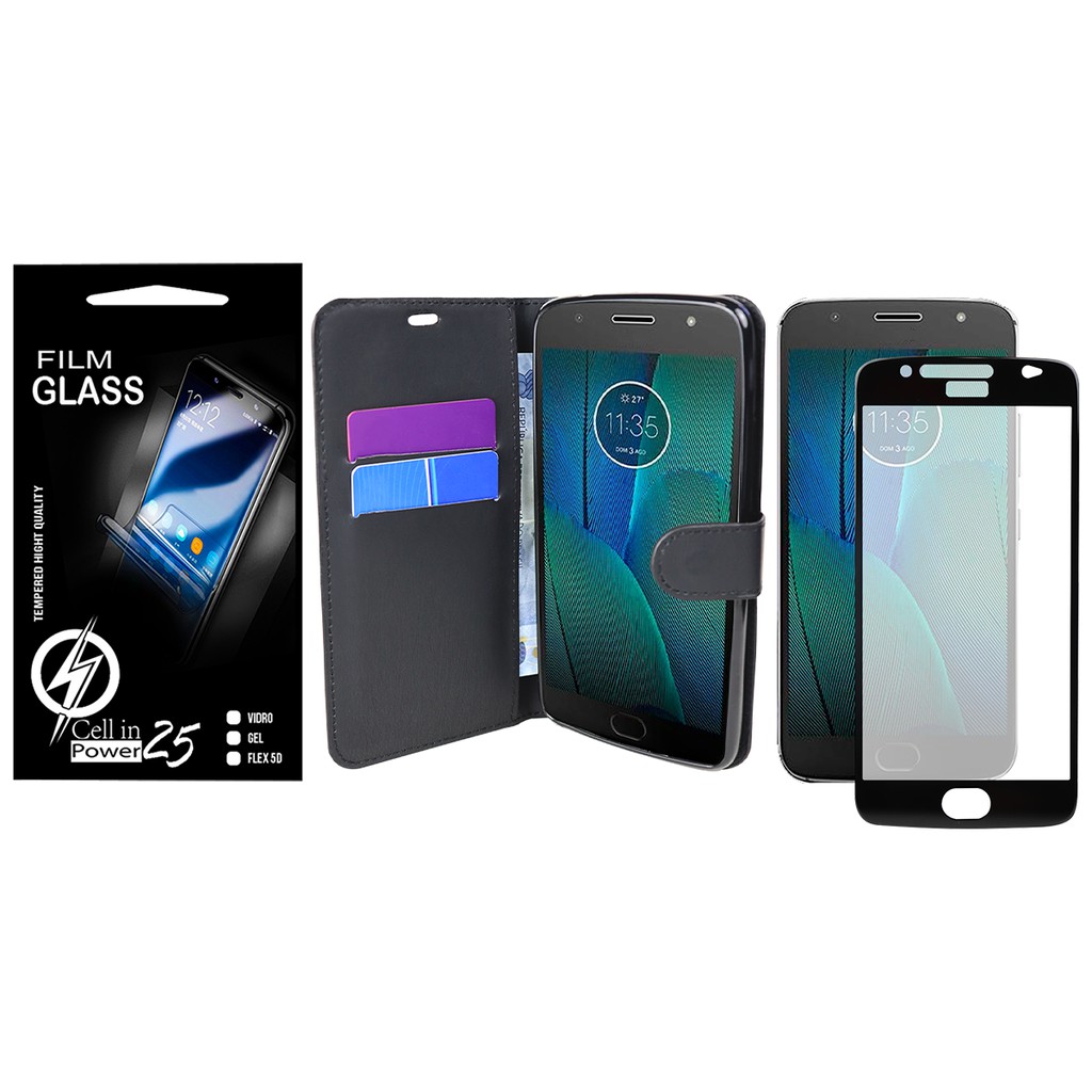 Capa Capinha Case Flip Carteira + Pelicula de vidro FULL 3D  Motorola Moto G5S XT1795 (Tela 5.2)
