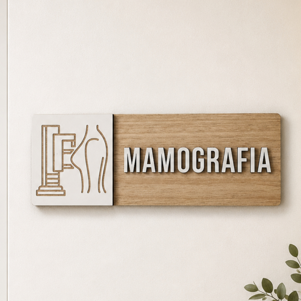Placa Sinalização Mamografia MDF Para Clínica Hospital Consultório Exames Dupla Camada