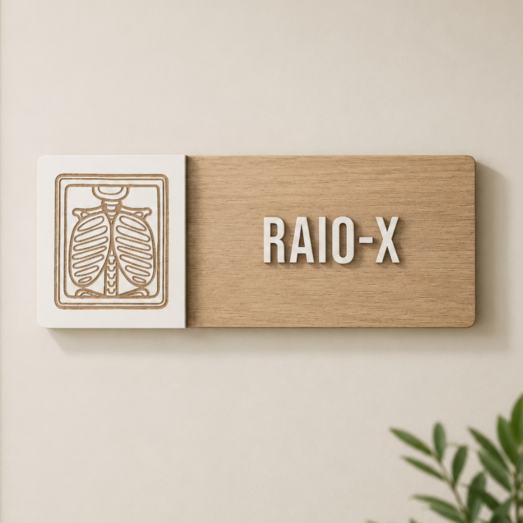 Placa Sinalização Raio X MDF 25x9cm Dupla Camada Para Clínica Hospital Consultório Exames Sala