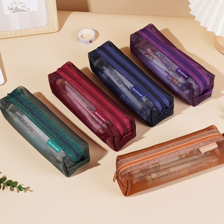 Estojo de Lápis Transparente Retrô em Malha, Grande Capacidade, Bolsa de Armazenamento para Estudo e Exames, Estojo de L