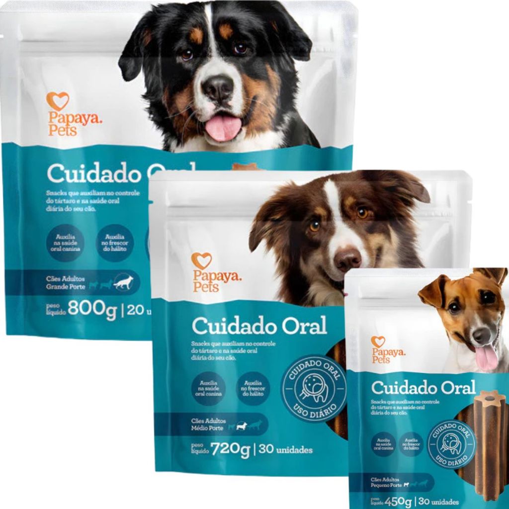 Petisco Dental para Cães Papaya Snack Antitártaro Cuidado Oral Diário Várias Opções