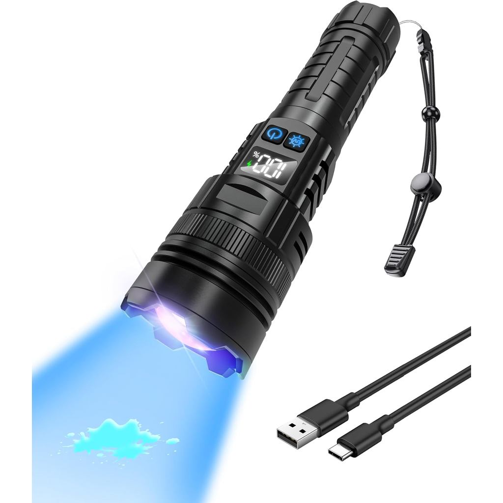 Flashlight Rechargeable with UV Light and White Light, 365NM Blacklight and High lumens White Light with LCD Display, Zo