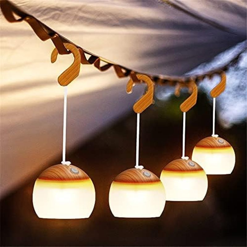 2-Pack 5200mAh Mini Outdoor Wood Camping Lanterns USB Rechargeable with Haning Hook LED Lights Bulbs Retro Tent Lantern
