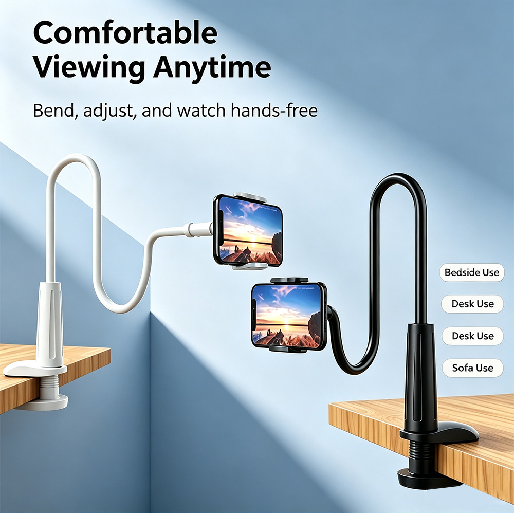 Long Arm Gooseneck Phone Clip Holder, 360 Rotatable Lazy Bed Phone Stand for Desk Sofa Hands‑Free Entertainment