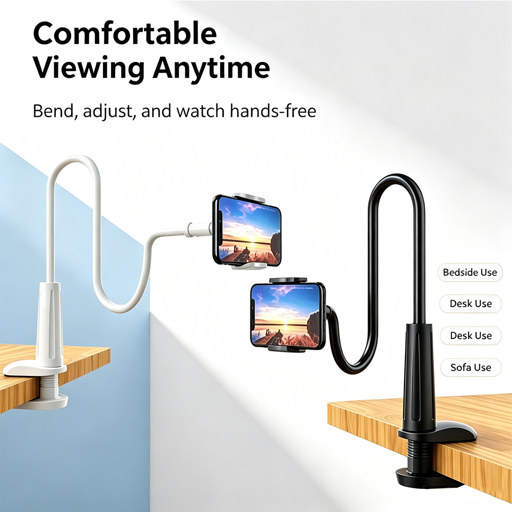 Long Arm Gooseneck Phone Clip Holder, 360 Rotatable Lazy Bed Phone Stand for Desk Sofa Hands‑Free Entertainment