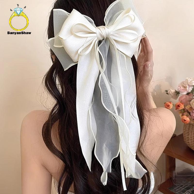 [BANY] Grampos De Cabelo Elegantes Com Fita De Laço , Cor Sólida , Clipes De Primavera Para Mulheres , Meninas , Grandes