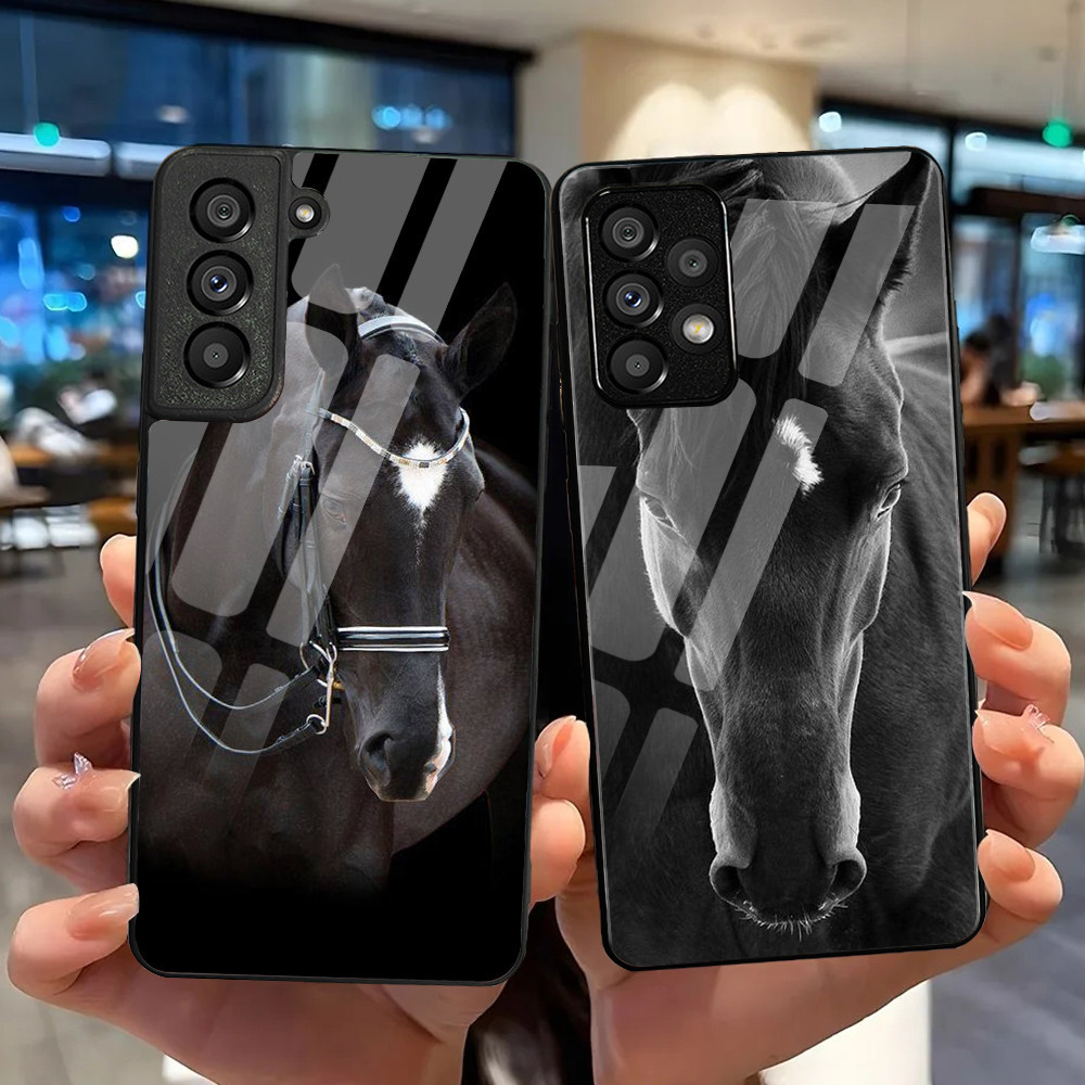 Capa De Telefone De Vidro Temperado Cavalo Preto Para Samsung Galaxy S24 ULTRA S23 S22 PLUS S21 S20 FE S10 S9