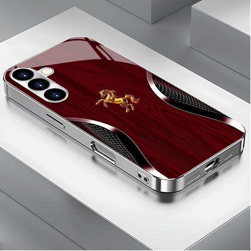 Horse Design 04 Capa De Telefone De Vidro Com Moldura Banhada De Luxo Para Samsung Galaxy S22 S23 S24 S25 Ultra A22 A23