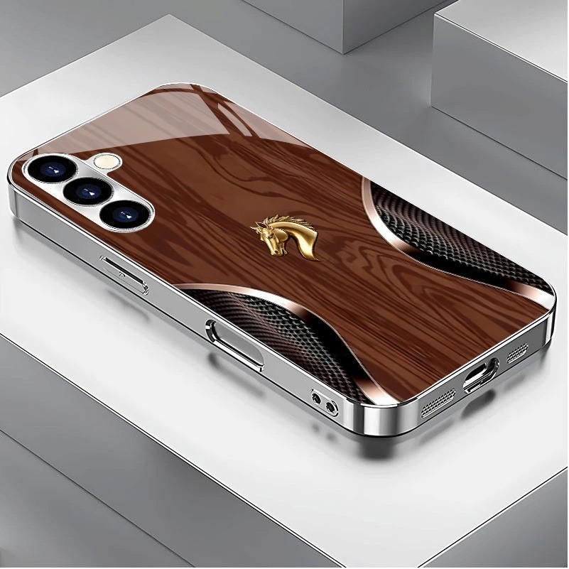 Horse Design 06 Capa De Telefone De Vidro Com Moldura Banhada De Luxo Para Samsung Galaxy S22 S23 S24 S25 Ultra A22 A23