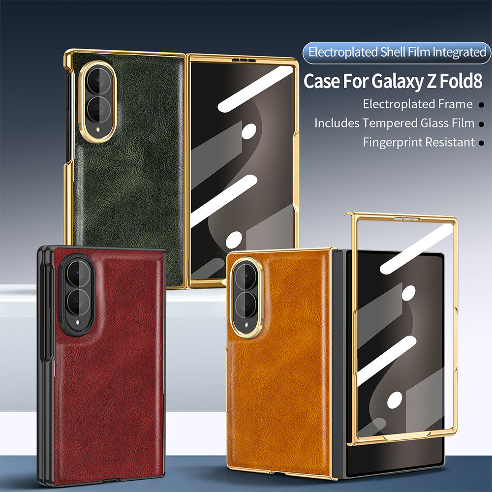 Crazy Horse Capa De Telefone De Couro PU Simples Para Galaxy Z Fold 8 Ultra/7/6/5/4/3/2 Com Protetor De Tela Revestido