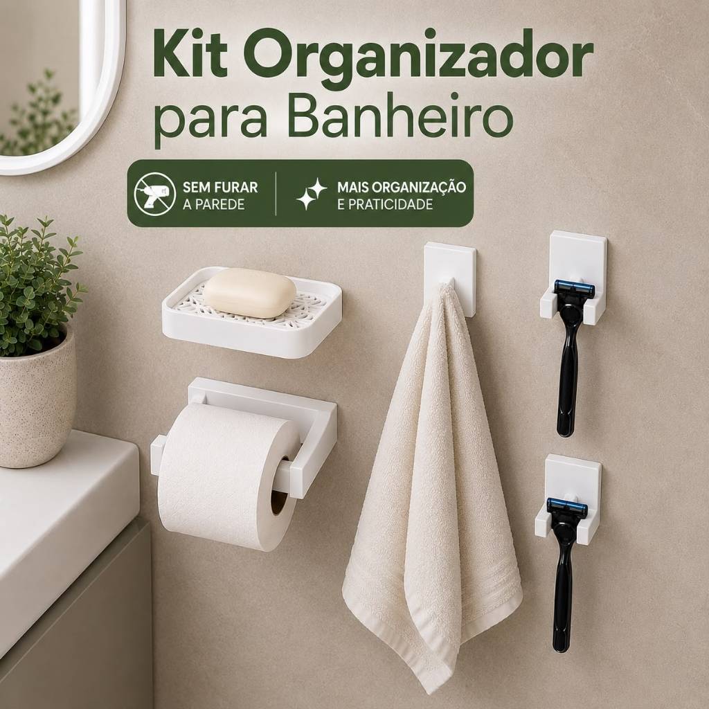 Kit Acessórios Banheiro 5 Peças Sem Furo Gancho Toalha Porta Papel Porta Gilete Saboneteira