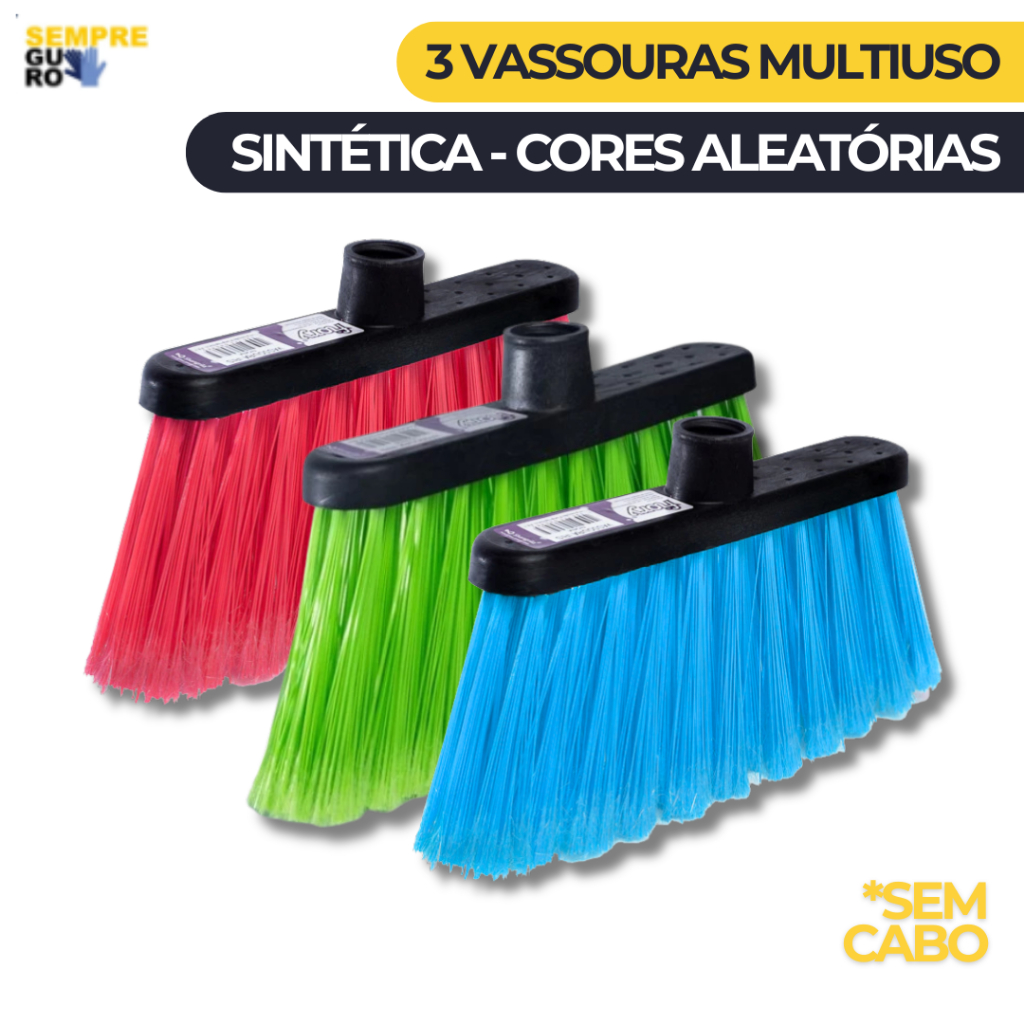 3 Uni. Base de Vassoura Iris Multiuso | Adaptador Rosqueável e Cerdas Sintéticas - CORES SORTIDAS