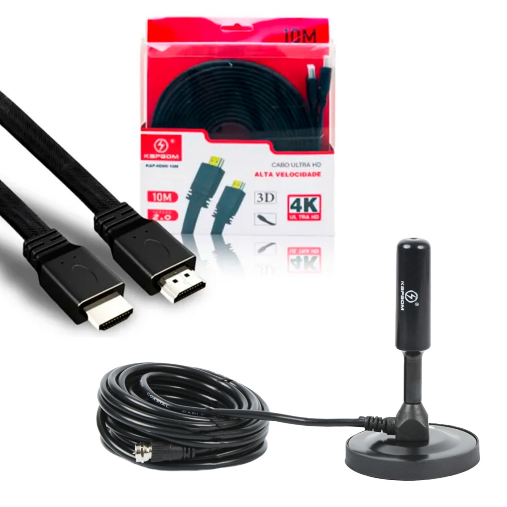 Kit Antena Digital HDTV Interna com Base Magnética + Cabo HDMI 10m – Sinal Full HD para TVs e Conversores