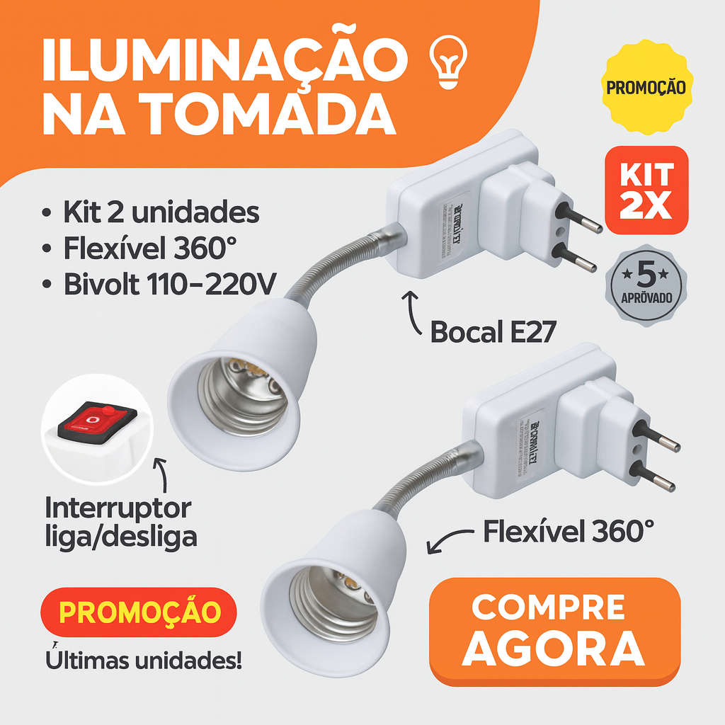 Adaptador De Lâmpada Kit 2 Tomada 20 Cm Flexível Soquete E27 Bocal Extensor Base LED Energia