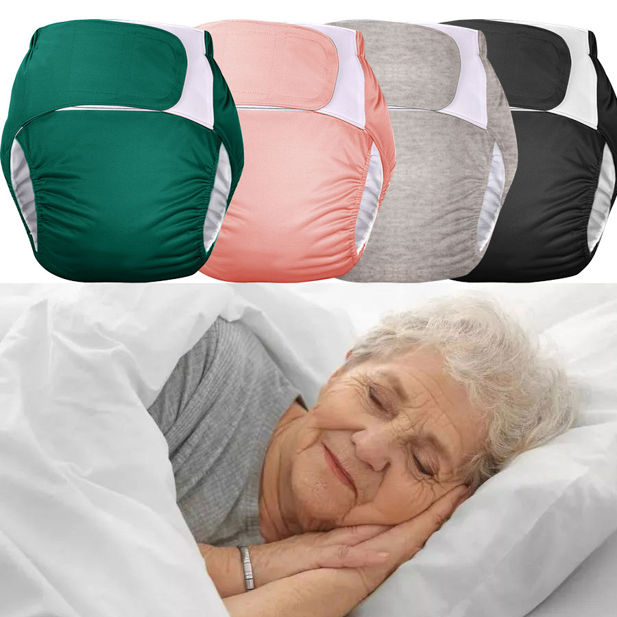 Fraldas de pano adulto reutilizáveis com absorventes embutidos, cintura ajustável, laváveis na máquina ou à mão.