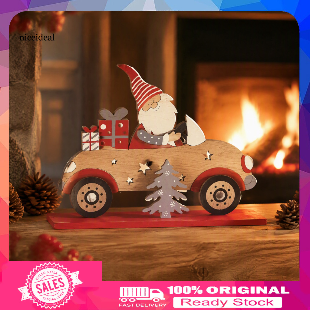 Christmas Wooden Ornaments Cute Faceless Elf Car Figurine Vintage Santa Driving with Tree – Festive Holiday Desk Shelf