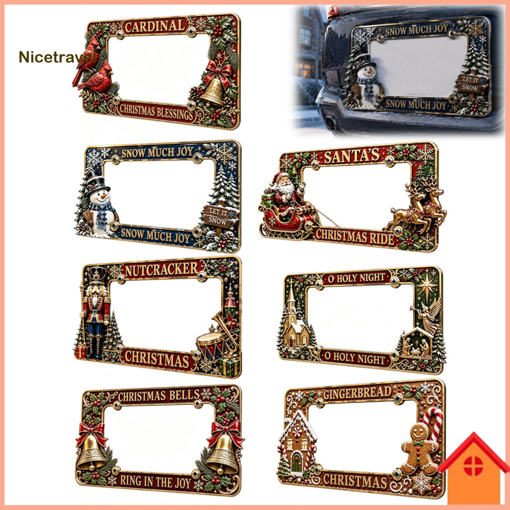 Holiday Car Accessories Gingerbread Man Decor Christmas Metal License Plate Frame with Santa Snowman Design – Festive
