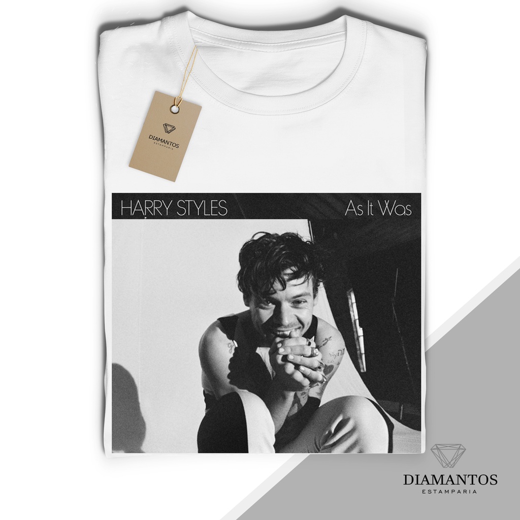 CAMISETA HARRY STYLES AS IT WAS unissex e baby look MALHA COM ELASTANO