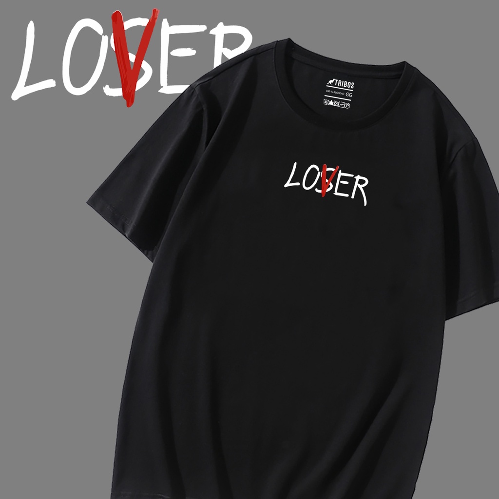 Camiseta Masculina preta de algodão Lover Loser It