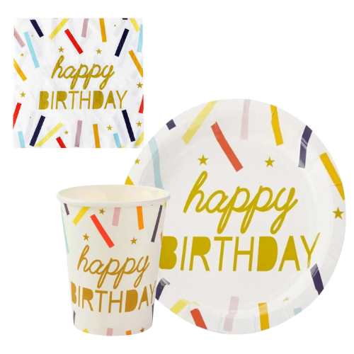 Kit Prato, Copo e Guardanapo papel Happy Birthday confetes silver 10und