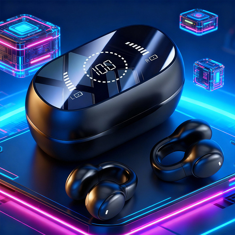 Fone de Ouvido TWS com Condução óssea Sem fio Bluetooth 5.3 Clip-on Display digital redução de ruído Verdadeira janocli