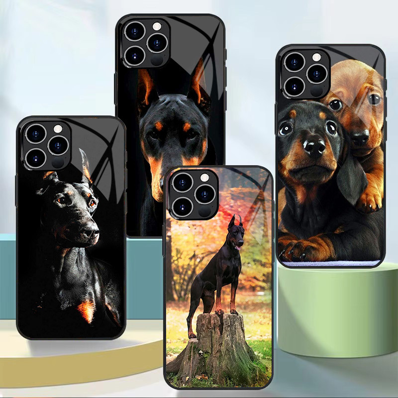 Dachshund Doberman Cão Pinscher 02 Vidro Temperado Caso De Telefone Para Iphone 11 12 Mini 13 14 Plus 15 16 Pro Max Capa