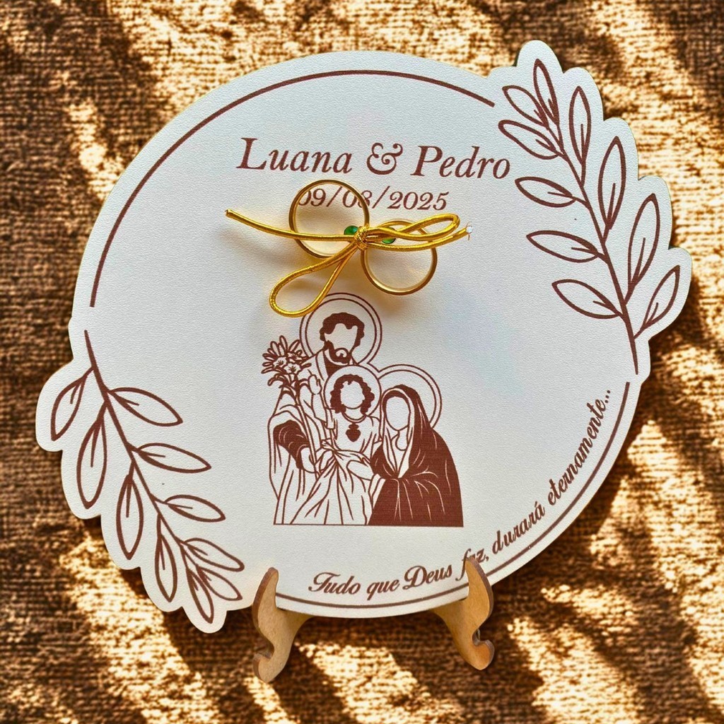 Porta Alianças Casamento Sagrada Família MDF Personalizado com Nomes