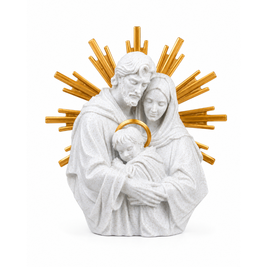Imagem Sagrada Família Decorativa Branca com Raios Dourados, Escultura Religiosa para Sala, Lar e Capela!