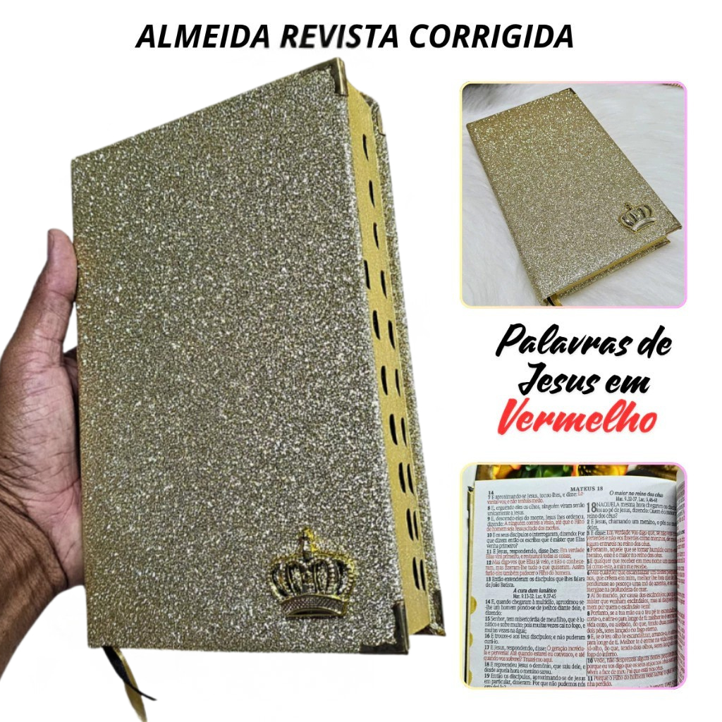 Bíblia Sagrada da Mulher Glitter Feminina Dourada Letra Média Índice com Harpa